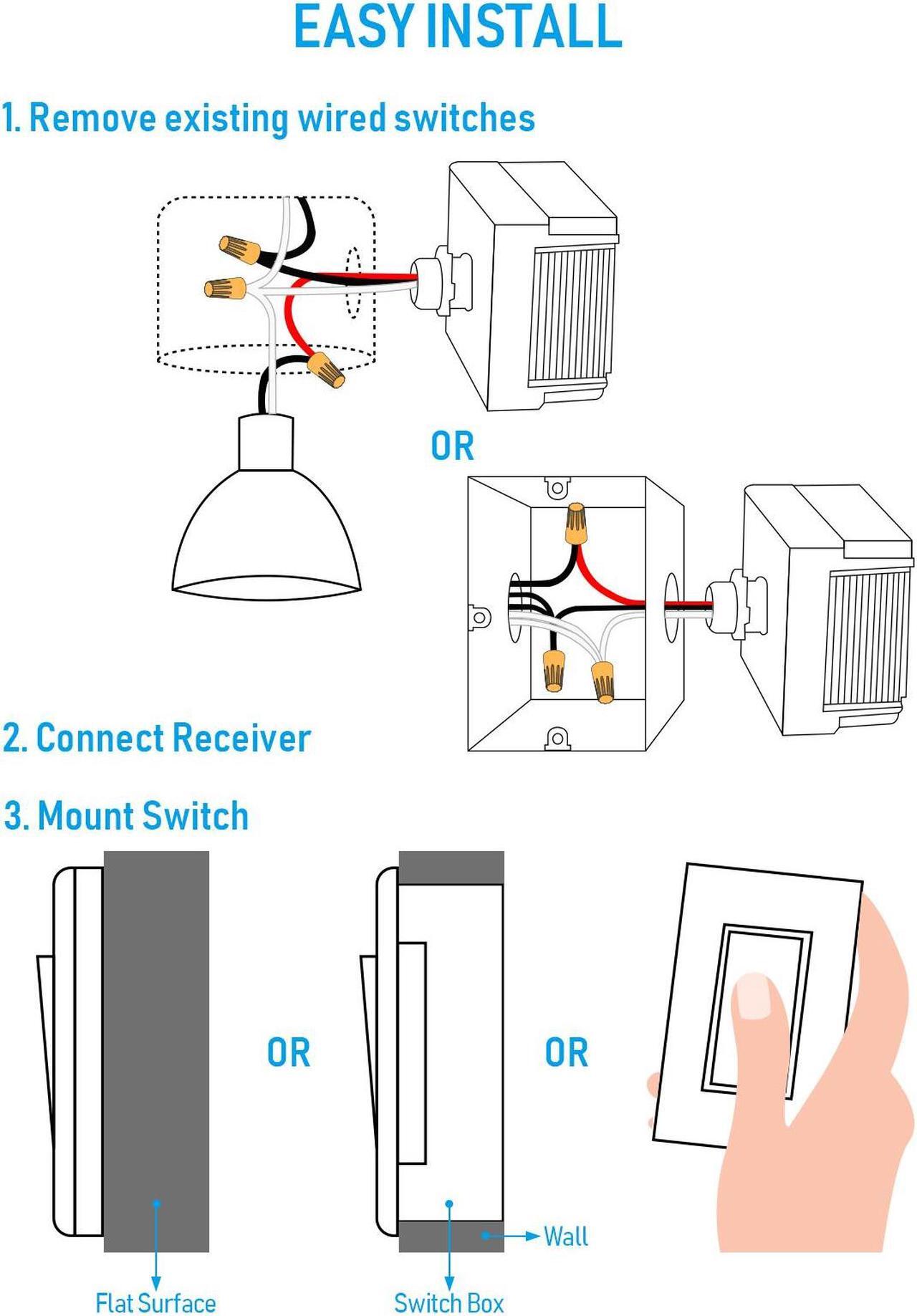 Alt view image 6 of 7 - TORCHSTAR 120V Dimmer Switch, Wireless Light Switch and Receiver Kit, No in-Wall Wiring Required, Remote Control for Ceiling Lights, Fans, Lamps, 100 Ft RF Range, ETL listed