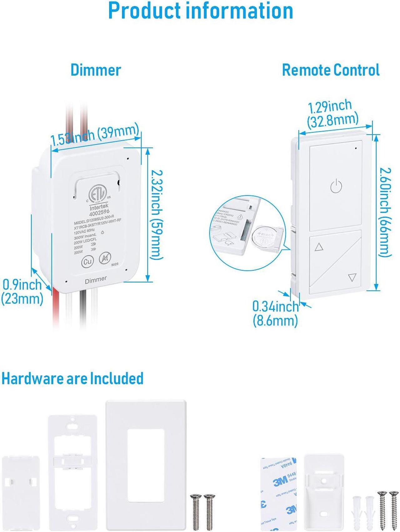 Alt view image 7 of 7 - TORCHSTAR 120V Dimmer Switch, Wireless Light Switch and Receiver Kit, No in-Wall Wiring Required, Remote Control for Ceiling Lights, Fans, Lamps, 100 Ft RF Range, ETL listed