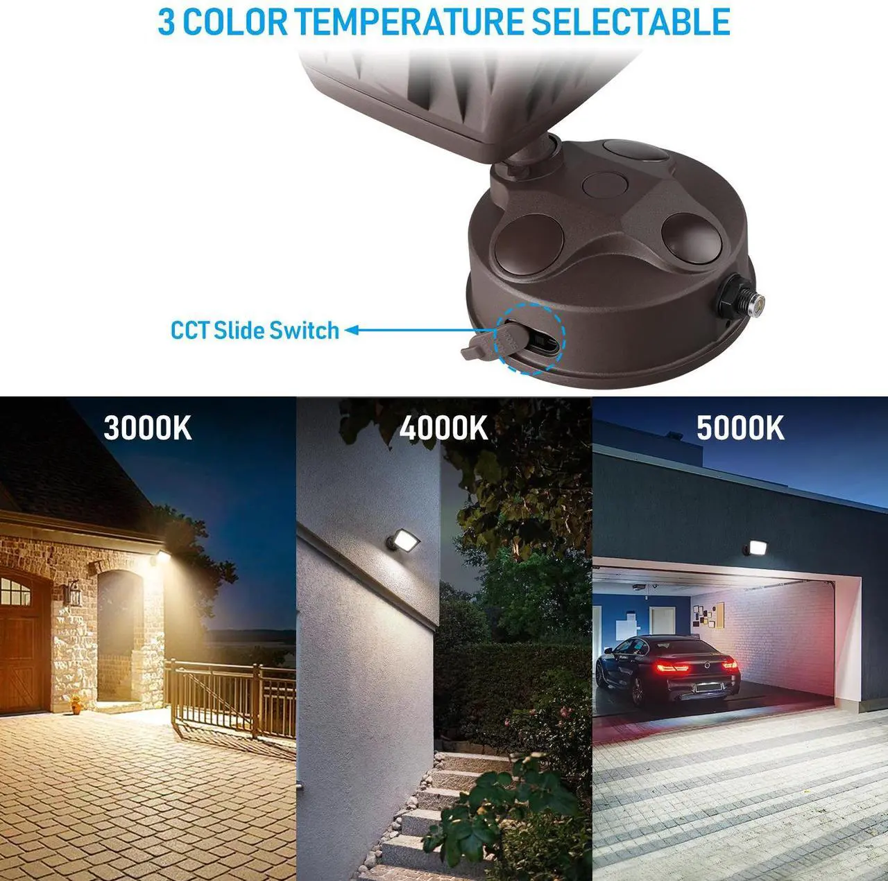 Alt view image 4 of 6 - LEONLITE LED 3CCT Flood Light Dusk to Dawn, 40W Sensor Security Light, 3000K/4000K/5000K Selectable, Adjustable Head, Bronze