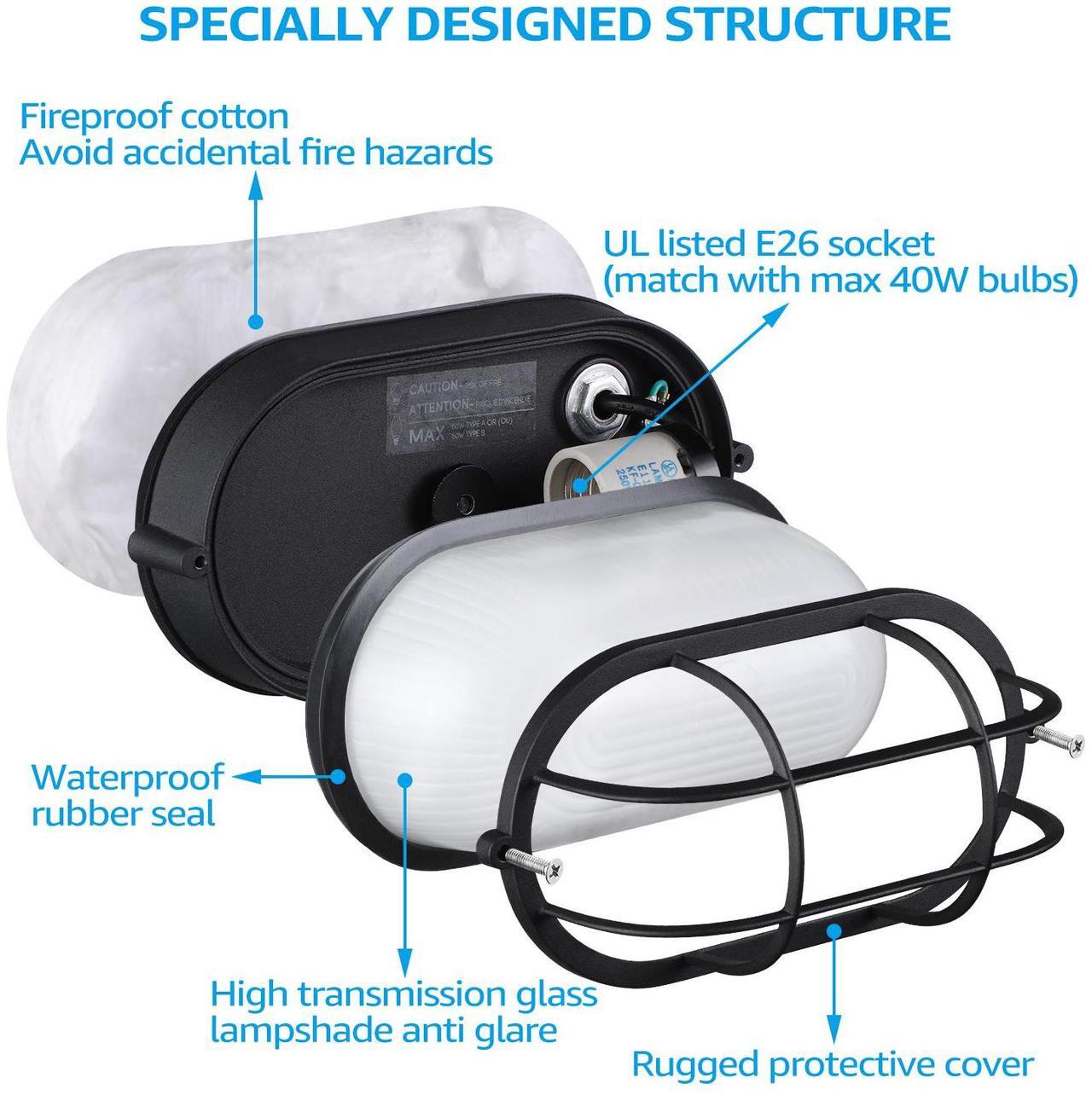 Alt view image 3 of 7 - 4 Pack Outdoor Bulkhead Light, Nautical 4 Inch Marine Wall Lights, E26 Socket, Aluminum Housing, Wet Location, Flush Mount for Wall or Ceiling, Bulbs Not Included, Black