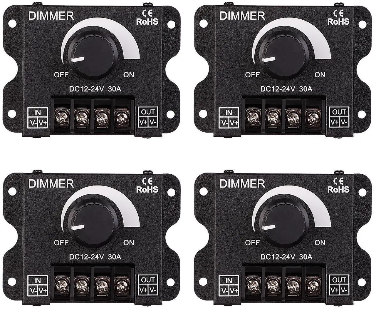 Main image of 4 Pack PWM Dimming Controller for LED Strip Light, DC 12V - 24V Dimmer Knob ON/OFF Switch with Aluminum Housing, Single Channel 30A 5050 3538 5630 Single Color Light Ribbon