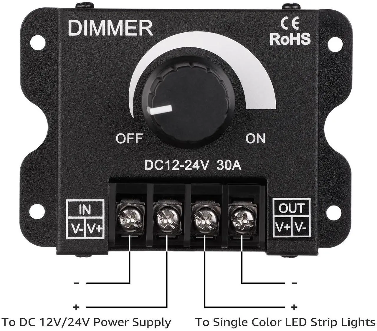 Alt view image 3 of 7 - 4 Pack PWM Dimming Controller for LED Strip Light, DC 12V - 24V Dimmer Knob ON/OFF Switch with Aluminum Housing, Single Channel 30A 5050 3538 5630 Single Color Light Ribbon