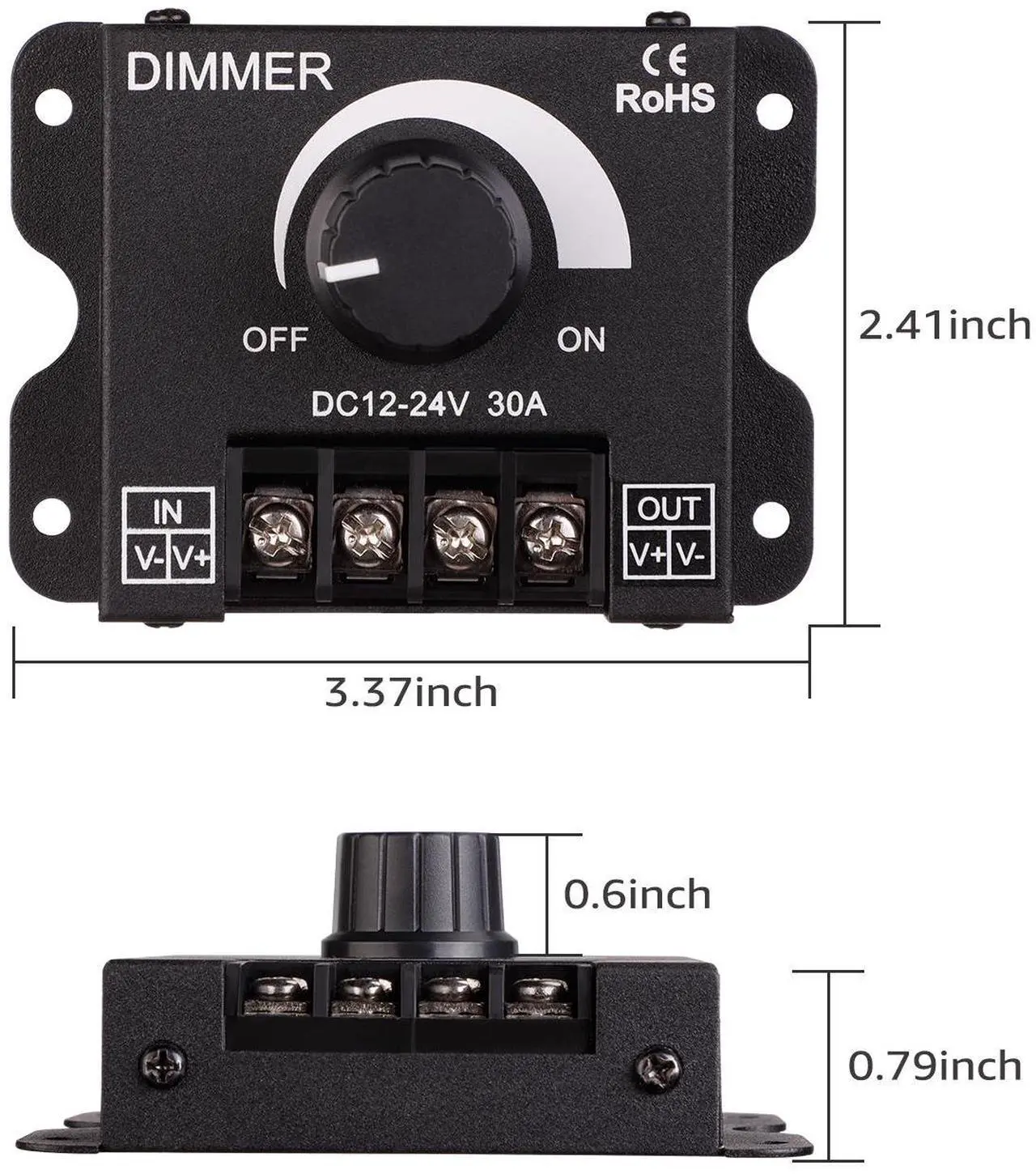 Alt view image 6 of 7 - 4 Pack PWM Dimming Controller for LED Strip Light, DC 12V - 24V Dimmer Knob ON/OFF Switch with Aluminum Housing, Single Channel 30A 5050 3538 5630 Single Color Light Ribbon