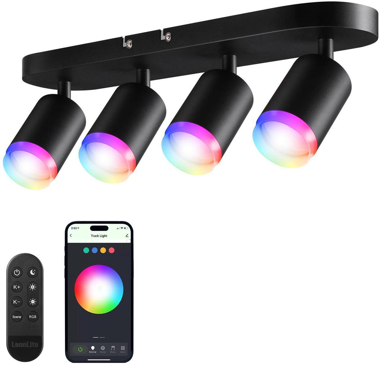 Main image of Smart LED Track Lighting, WiFi RGBCW Track Lighting Fixtures, 4 Head Ceiling Spot Light, Compatible with Alexa/Google Home/Siri, 16 Million Colors with Remote, 2400-5000K Dimmable, 30W, Black
