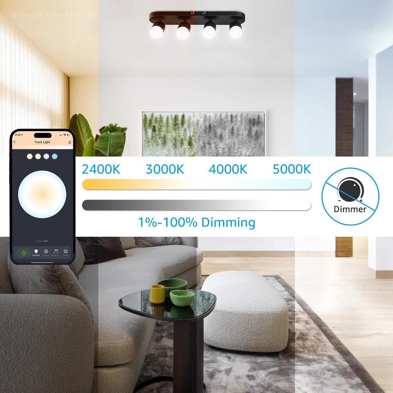 Alt view image 5 of 7 - Smart LED Track Lighting, WiFi RGBCW Track Lighting Fixtures, 4 Head Ceiling Spot Light, Compatible with Alexa/Google Home/Siri, 16 Million Colors with Remote, 2400-5000K Dimmable, 30W, Black