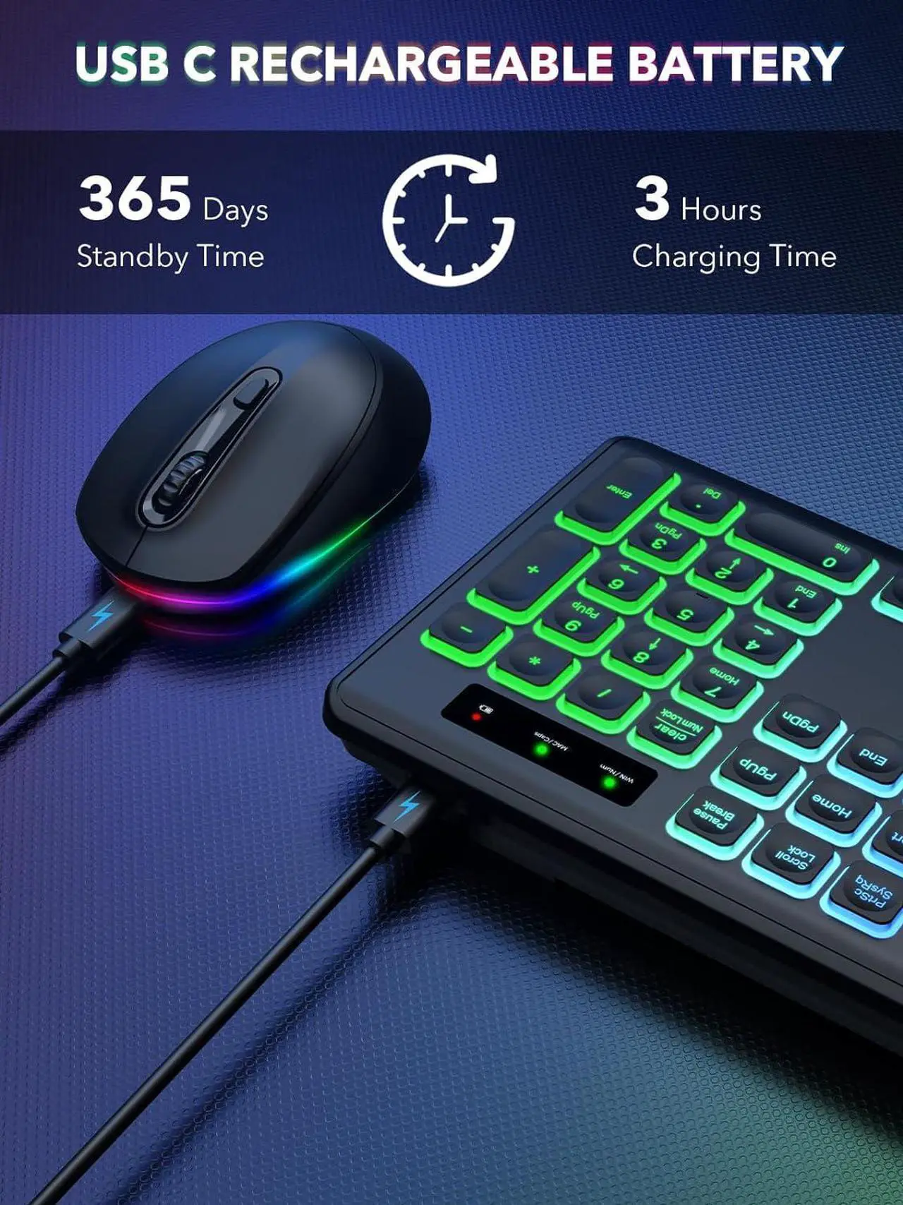 Alt view image 4 of 7 - Wireless Keyboard and Mouse Backlit, Quiet Light Up Keys, Tilt Legs, Sleep Mode - Rechargeable USB Cordless Combo for Computer, iMac, PC, Laptop - by SABLUTE, Black