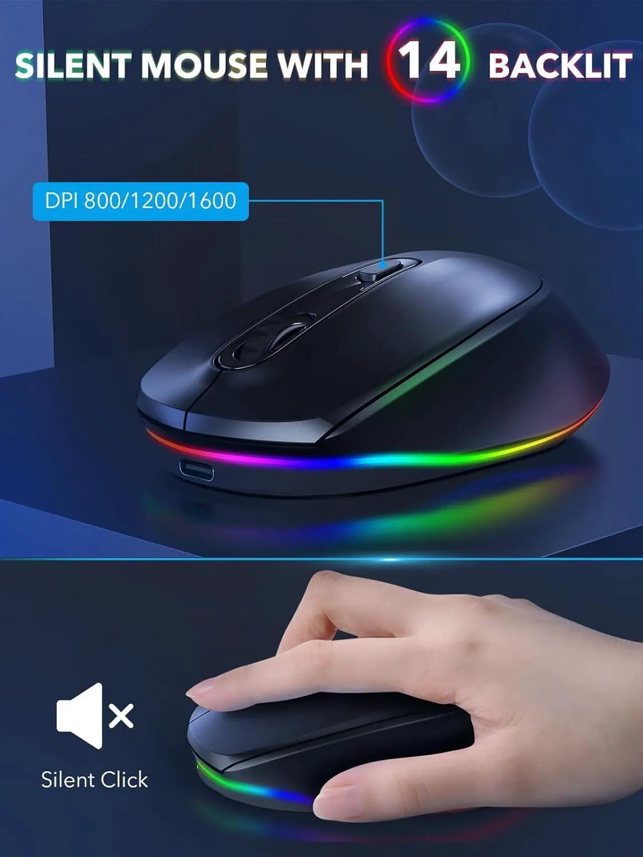 Alt view image 6 of 7 - Wireless Keyboard and Mouse Backlit, Quiet Light Up Keys, Tilt Legs, Sleep Mode - Rechargeable USB Cordless Combo for Computer, iMac, PC, Laptop - by SABLUTE, Black