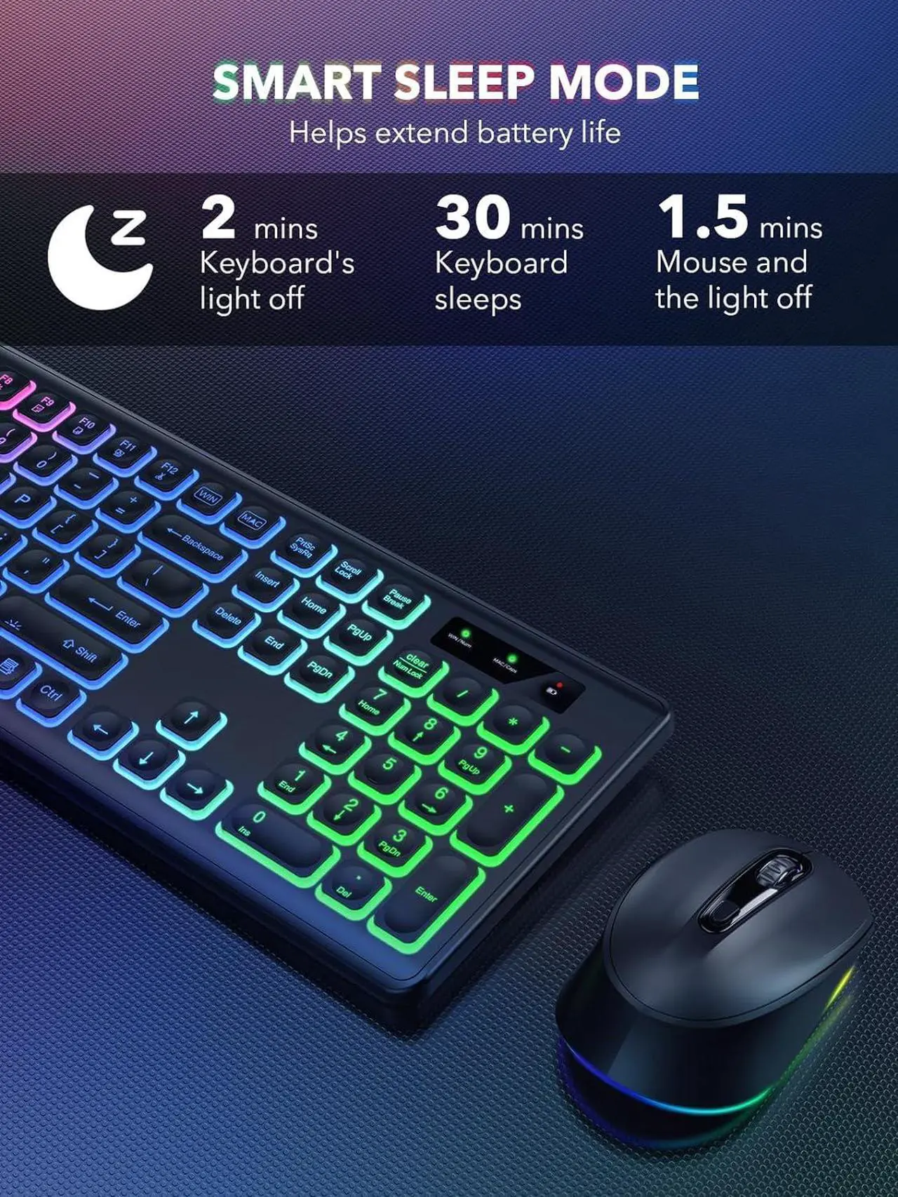 Alt view image 5 of 7 - Wireless Keyboard and Mouse Backlit, Quiet Light Up Keys, Tilt Legs, Sleep Mode - Rechargeable USB Cordless Combo for Computer, iMac, PC, Laptop - by SABLUTE, Black