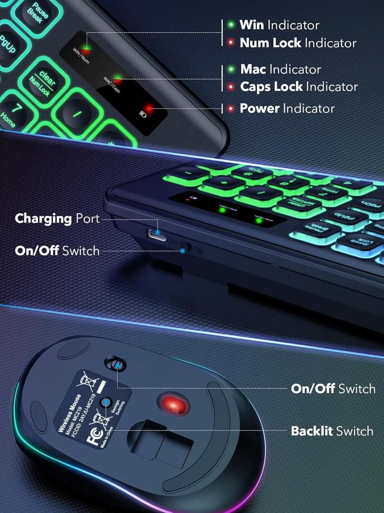 Alt view image 7 of 7 - Wireless Keyboard and Mouse Backlit, Quiet Light Up Keys, Tilt Legs, Sleep Mode - Rechargeable USB Cordless Combo for Computer, iMac, PC, Laptop - by SABLUTE, Black