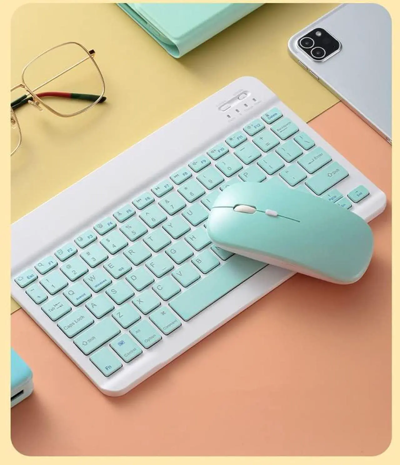 Alt view image 3 of 7 - Bluetooth Wireless Keyboard and Mouse Combo,Ultra-Slim Ergonomic Small Rechargeable Bluetooth Keyboard Mouse Set for Apple iPad iPhone Samsung Tablet Phone Android PC Computer Mac Smartphone(Green)