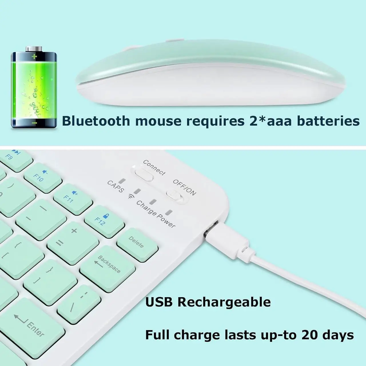 Alt view image 6 of 7 - Bluetooth Wireless Keyboard and Mouse Combo,Ultra-Slim Ergonomic Small Rechargeable Bluetooth Keyboard Mouse Set for Apple iPad iPhone Samsung Tablet Phone Android PC Computer Mac Smartphone(Green)