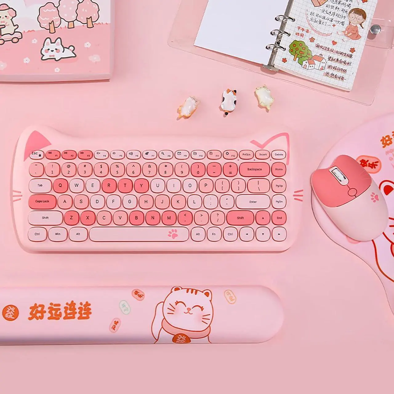 Alt view image 2 of 7 - Cute Cat Keyboard and Mouse Combo Wireless, Kawaii Keyboard and Mouse for Girls and Kids, Soundless Colorful Keys, Compatible with Notebook, PC (Pink-84Keys)