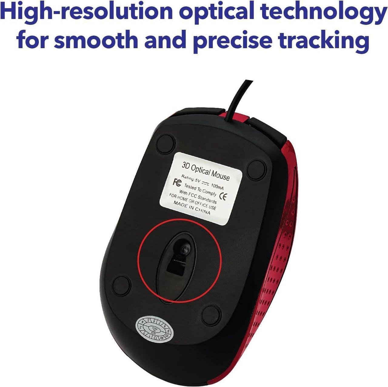 Alt view image 5 of 7 - Wired USB Computer Mouse - Corded USB Mouse for Laptops and PCs - Right or Left Hand Use Red 99742 1.4 x 2.4 x 3.9