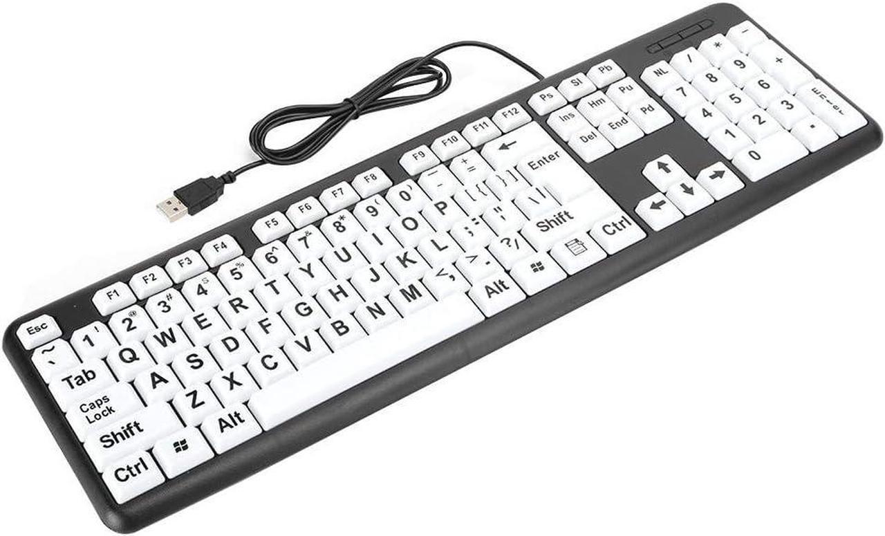 Large Print Keyboard, USB Wired Old People Low Vision Keyboard with White Large Print Keys for Seniors (Black)