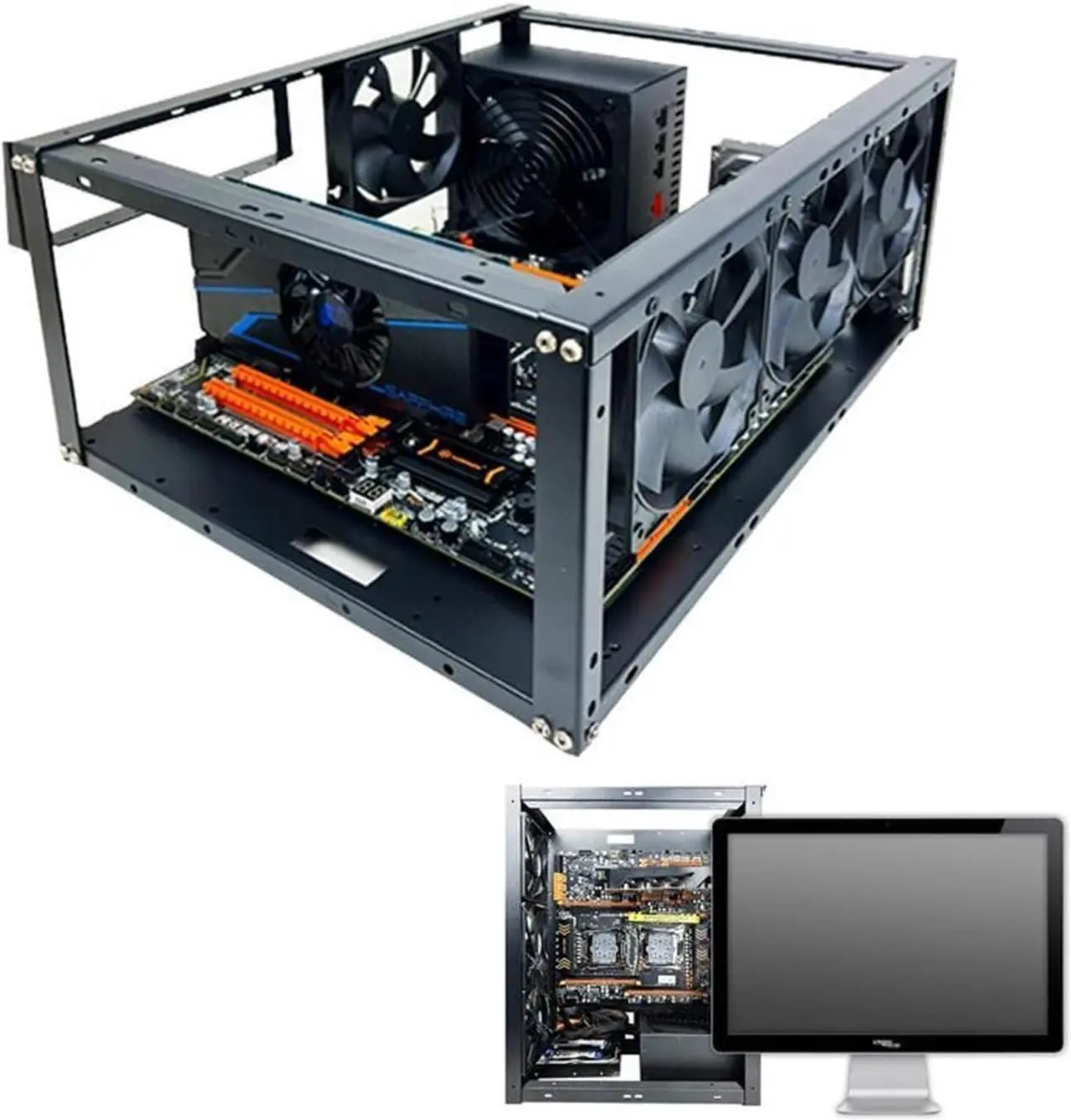 Alt view image 2 of 7 - Computer Case DIY Computer Motherboard Case Rack Aluminum Frame Chassis Cooling Rack Stand Open Chassis Support Bracket Dynamic, 1, Black