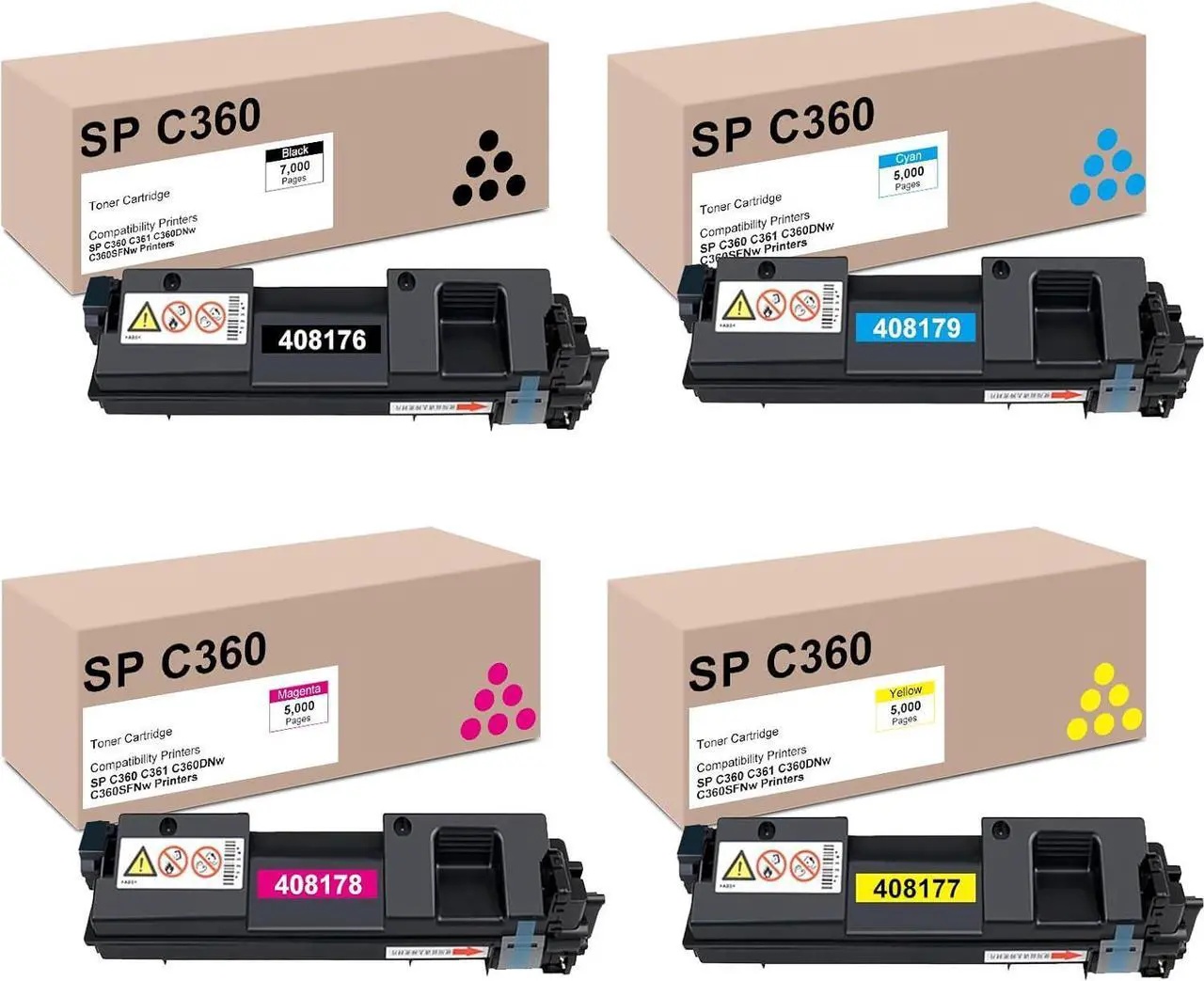 Main image of SPC360 408176 408179 408178 408177 Toner Cartridge Compatible for SP C360 C361 C360DNw C360SFNw Printer | 4 Pack, 1 Black 1 Cyan 1 Magenta 1 Yellow