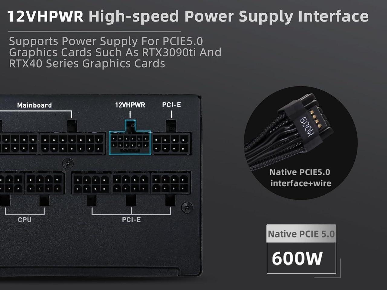 Alt view image 4 of 7 - SAMA Black Diamond 1000W 80plus Gold PC Power Supply 80Plus Gold Certified Full Modular with 14CM Silent Fan PCI-e 5.0 12VHPWR 10 Year Warranty