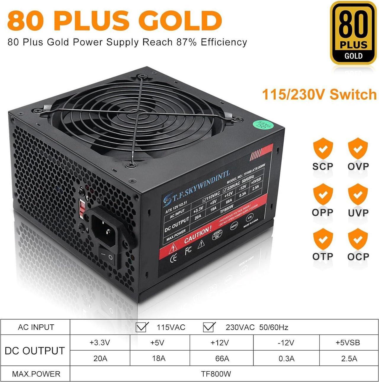 Alt view image 6 of 7 - 800W Power Supply 80 Plus Gold PSU Standard ATX Computer Power Supplies Non Modular Build-in 120MM Ultra-Quiet FDB Fan with 115/230V Switch for Desktop Gaming PC Server