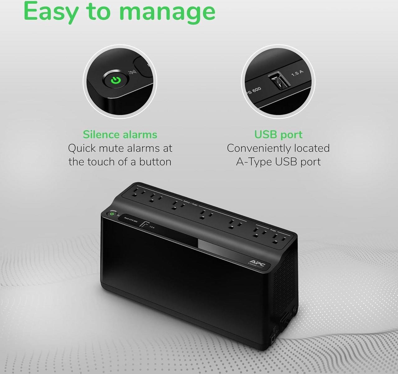Alt view image 3 of 7 - APC UPS Battery Backup and Surge Protector, 600VA/300 Watts Backup Battery Power Supply, BE600M1 Back-UPS with USB Charger Port