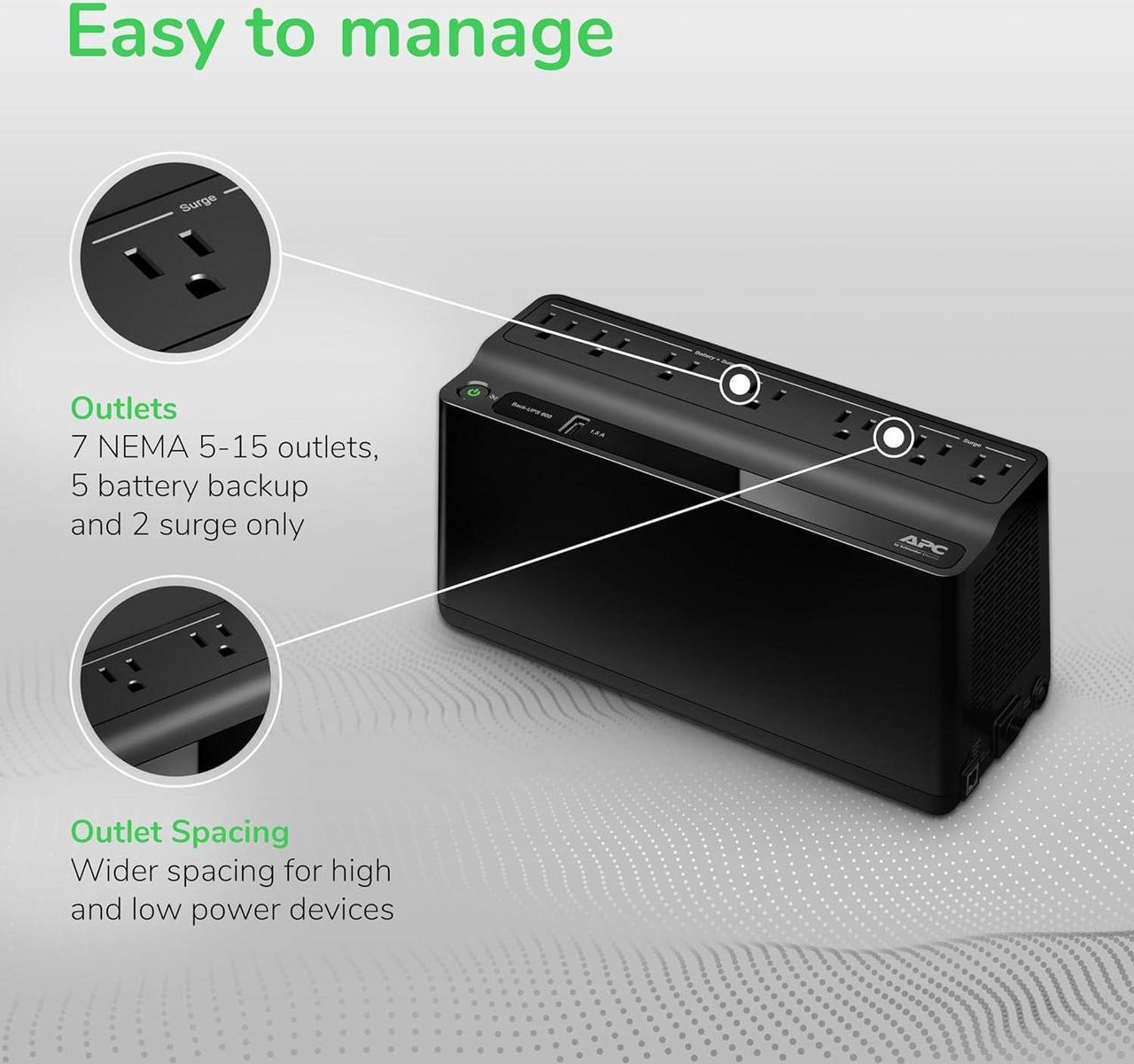 Alt view image 4 of 7 - APC UPS Battery Backup and Surge Protector, 600VA/300 Watts Backup Battery Power Supply, BE600M1 Back-UPS with USB Charger Port