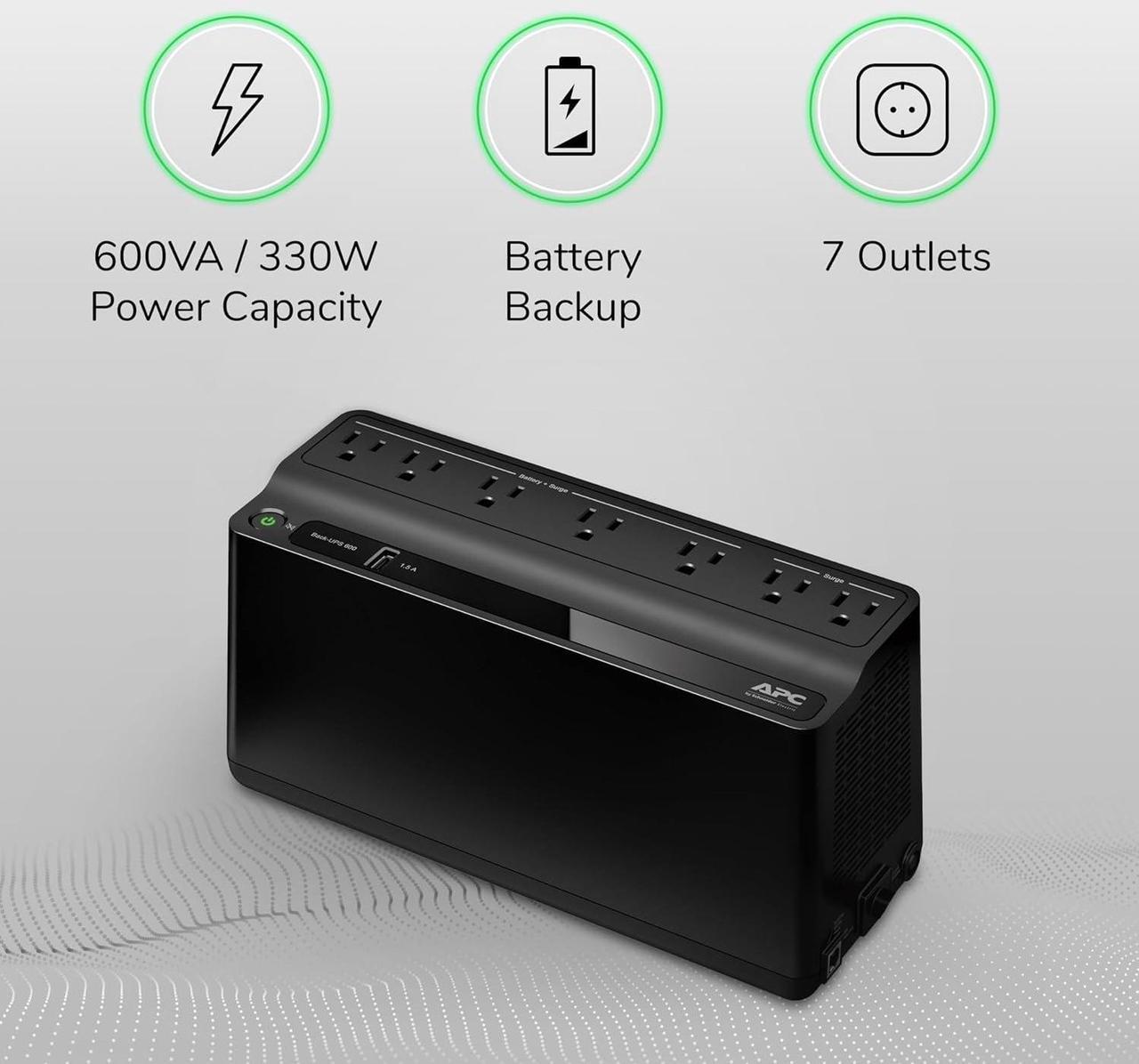 Alt view image 5 of 7 - APC UPS Battery Backup and Surge Protector, 600VA/300 Watts Backup Battery Power Supply, BE600M1 Back-UPS with USB Charger Port