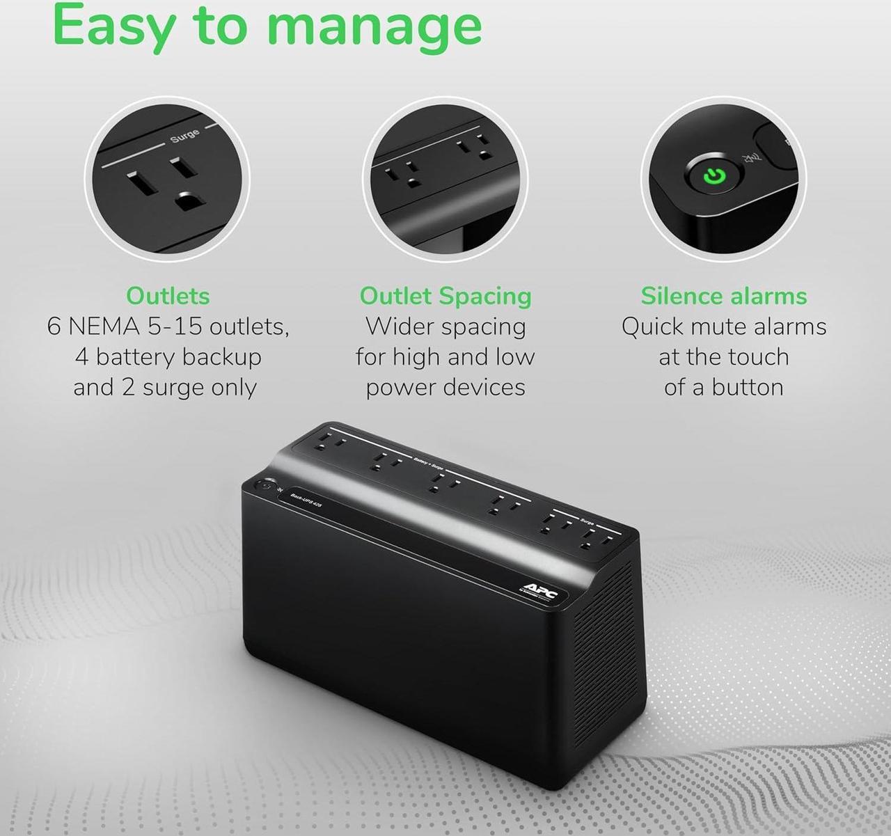 Alt view image 5 of 7 - APC UPS Battery Backup Surge Protector, 425VA Backup Battery Power Supply, BE425M, Black