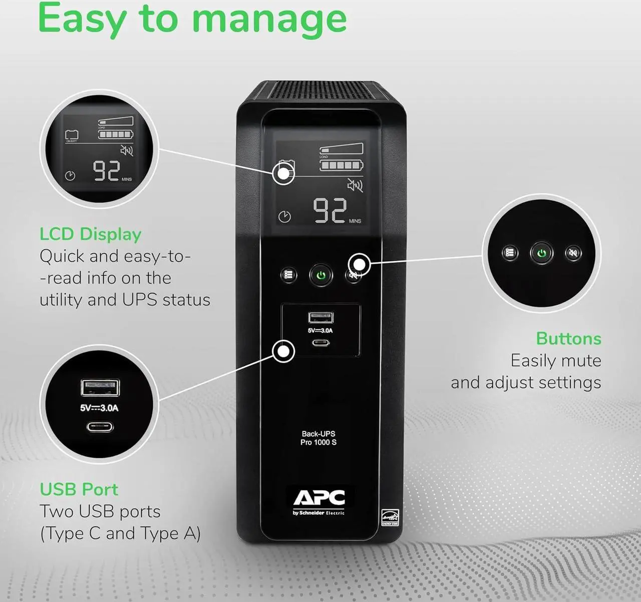 Alt view image 7 of 7 - APC UPS 1000VA Sine Wave UPS Battery Backup and Surge Protector, BR1000MS Backup Battery Power Supply with AVR, (2) USB Charger Ports