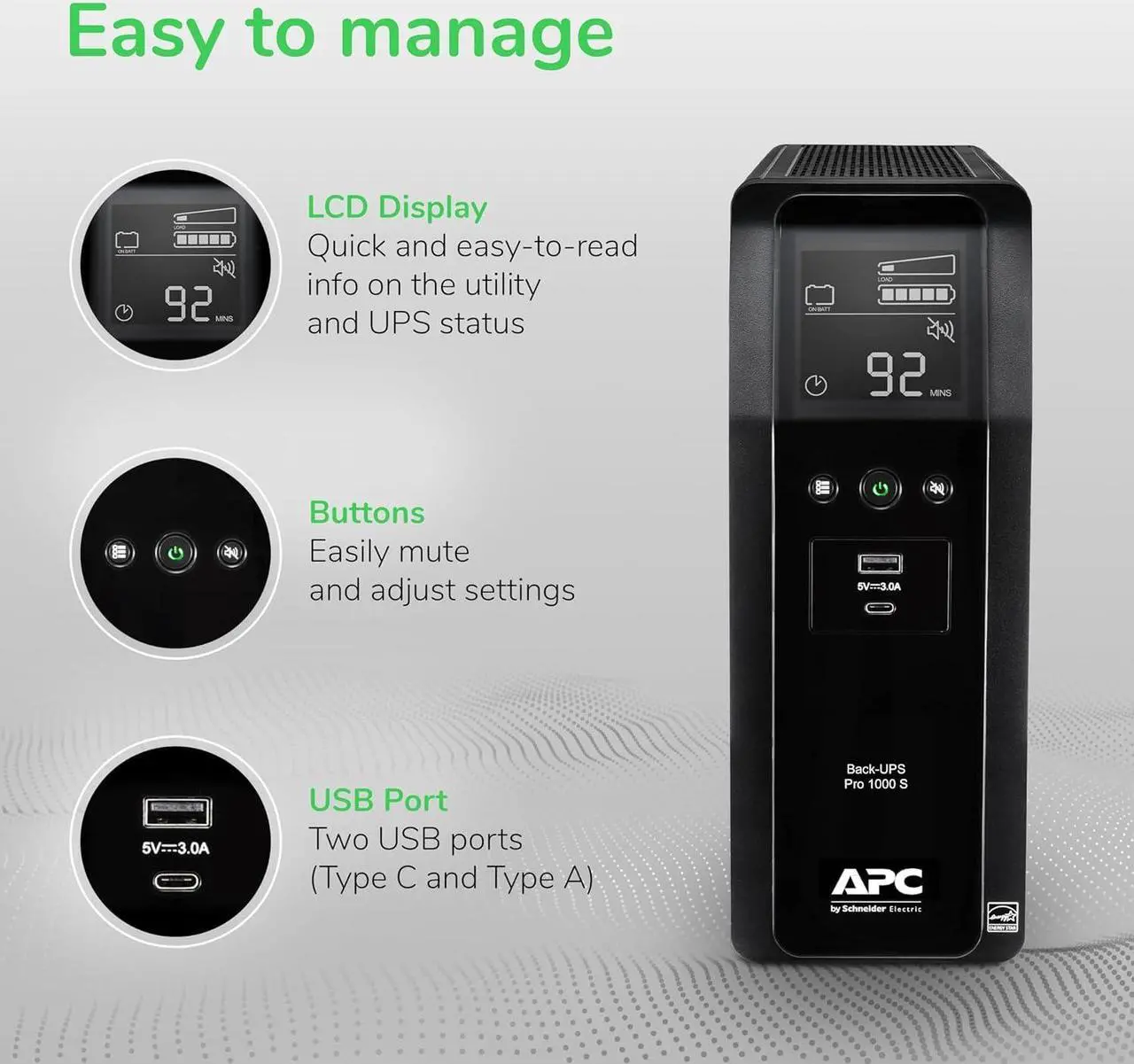 Alt view image 6 of 7 - APC UPS 1000VA Sine Wave UPS Battery Backup and Surge Protector, BR1000MS Backup Battery Power Supply with AVR, (2) USB Charger Ports