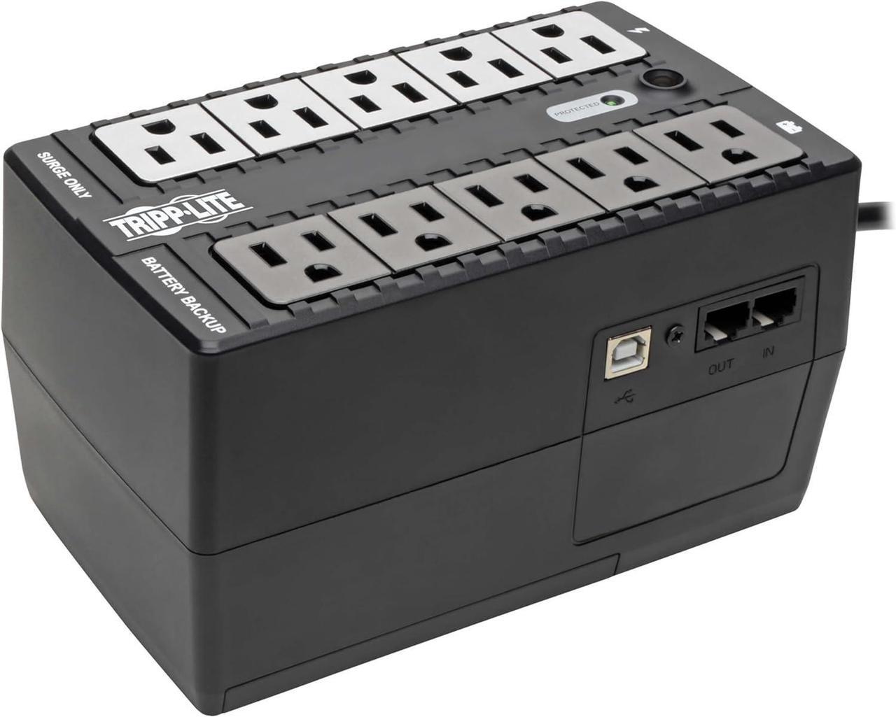 Main image of Tripp Lite 600VA Small UPS Battery Backup Surge Protector, 10 Outlets, Ethernet Protection, Uninterrupted Power Supply, Home UPS, 3-Year Manufacturer's Warranty & $100,000 Insurance (INTERNET600U)