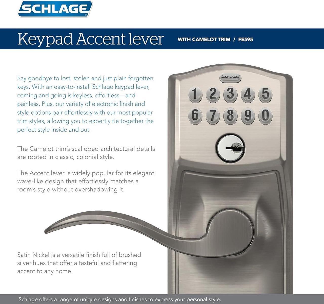 Alt view image 5 of 7 - SCHLAGE FE595 CAM 619 ACC Camelot Keypad Entry with Flex-Lock and Accent Levers, Satin Nickel