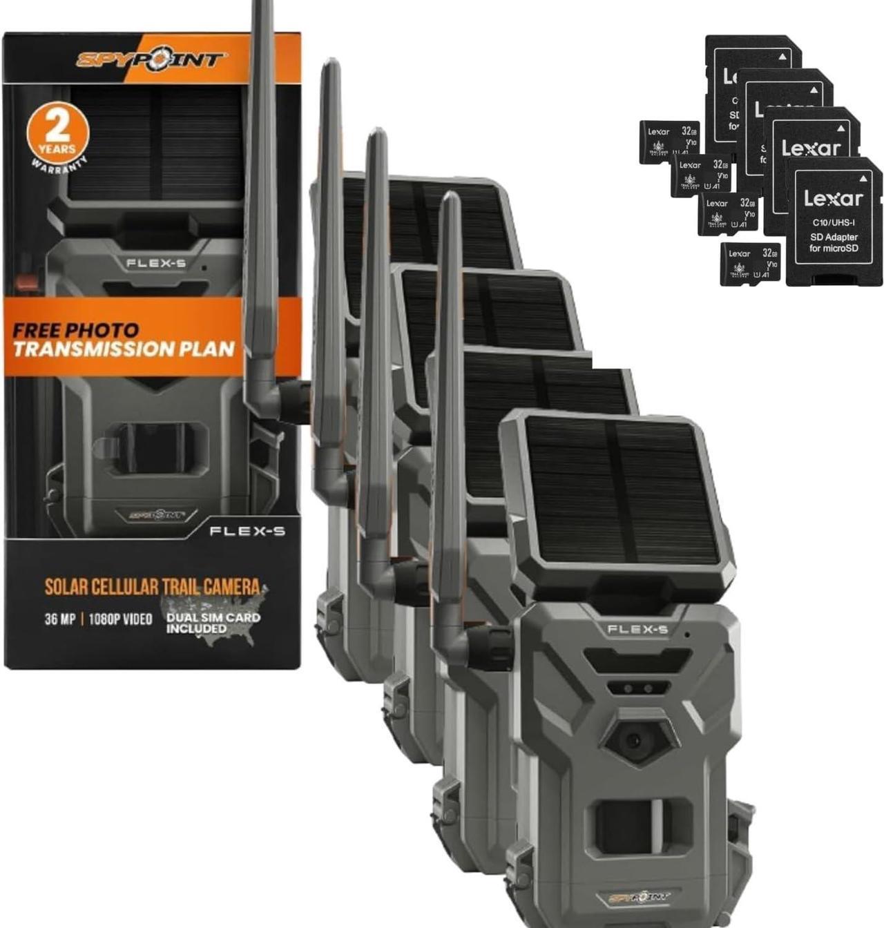 Main image of SPYPOINT Flex-S Solar Cellular Trail Camera, Integrated Solar Panel, LTE Connectivity, 100-foot Flash/Detection Range, Internal Battery + 32GB Micro SD Card (Pack of 4)