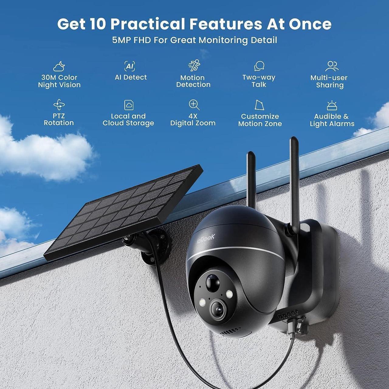 Alt view image 2 of 7 - ieGeek 5MP Security Cameras Wireless Outdoor, Solar Outdoor Security Cameras System 360° PTZ with Spotlight & Siren, 2.4Ghz Outdoor Cameras for Home Security,Color Night Vision, Work with Alexa
