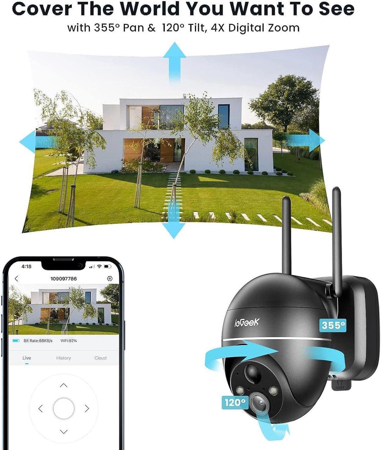 Alt view image 5 of 7 - ieGeek 5MP Security Cameras Wireless Outdoor, Solar Outdoor Security Cameras System 360° PTZ with Spotlight & Siren, 2.4Ghz Outdoor Cameras for Home Security,Color Night Vision, Work with Alexa