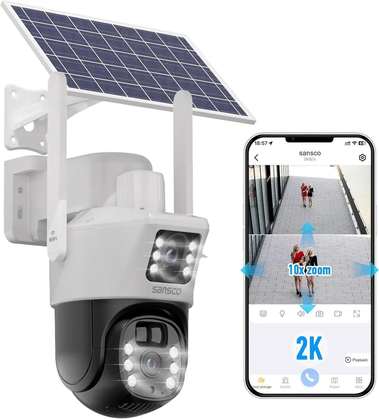 Main image of SANSCO 4MP Dual Lens Wireless Solar Security Cameras, WiFi PTZ Surveillance Outdoor Cameras, Color Night Vision, 2-Way Audio, PIR Motion Detection, Humanoid Auto Tracking, Spotlight Siren