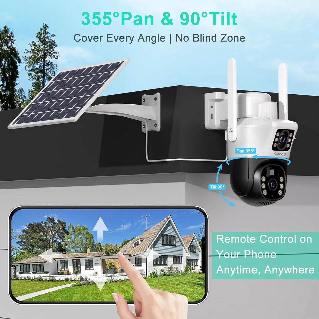 Alt view image 4 of 7 - SANSCO 4MP Dual Lens Wireless Solar Security Cameras, WiFi PTZ Surveillance Outdoor Cameras, Color Night Vision, 2-Way Audio, PIR Motion Detection, Humanoid Auto Tracking, Spotlight Siren