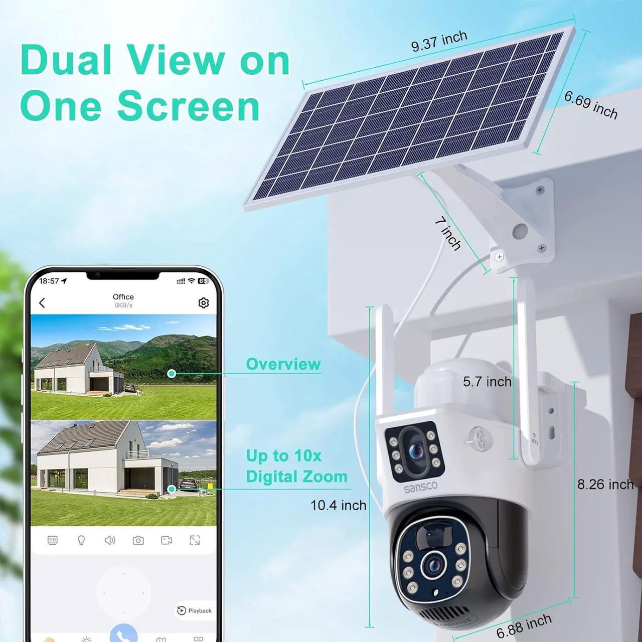 Alt view image 5 of 7 - SANSCO 4MP Dual Lens Wireless Solar Security Cameras, WiFi PTZ Surveillance Outdoor Cameras, Color Night Vision, 2-Way Audio, PIR Motion Detection, Humanoid Auto Tracking, Spotlight Siren