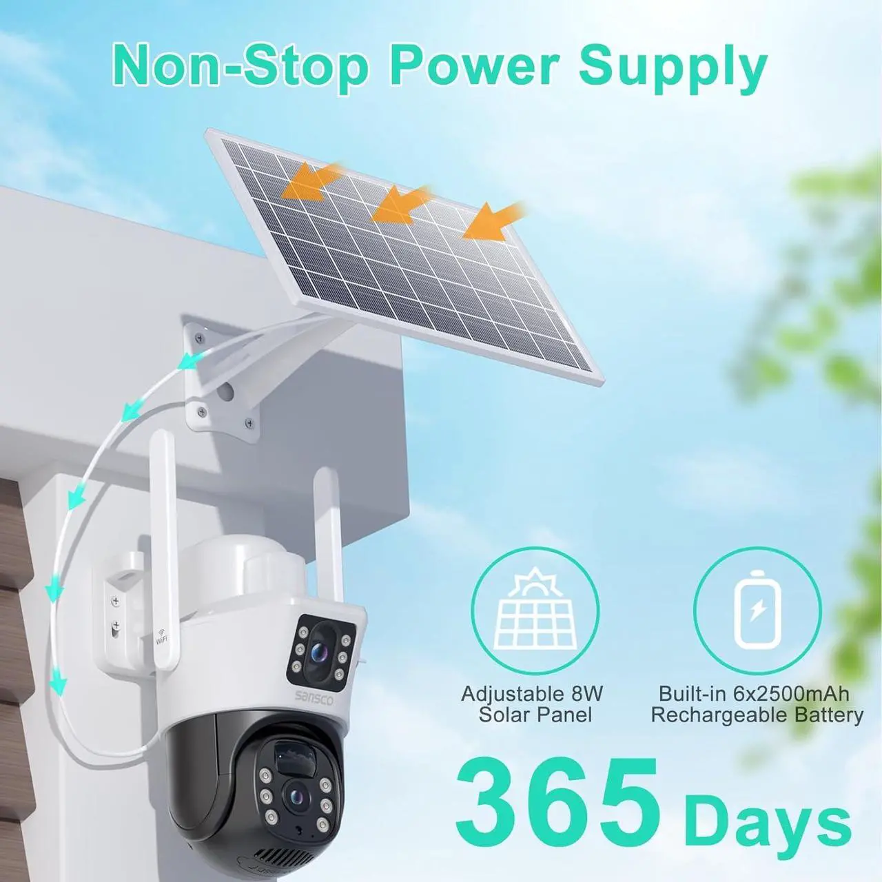 Alt view image 2 of 7 - SANSCO 4MP Dual Lens Wireless Solar Security Cameras, WiFi PTZ Surveillance Outdoor Cameras, Color Night Vision, 2-Way Audio, PIR Motion Detection, Humanoid Auto Tracking, Spotlight Siren