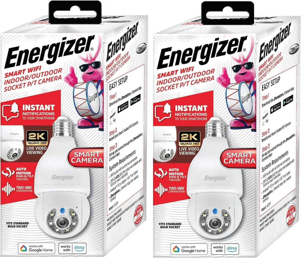 Main image of Energizer Smart Light Bulb 2K Security Camera 2-Pack, Outdoor Socket Camera, Auto Tracking, Pan & Tilt, Night Vision, 2-Way Audio, Instant Alerts, Works with Google Home & Alexa (2, White)