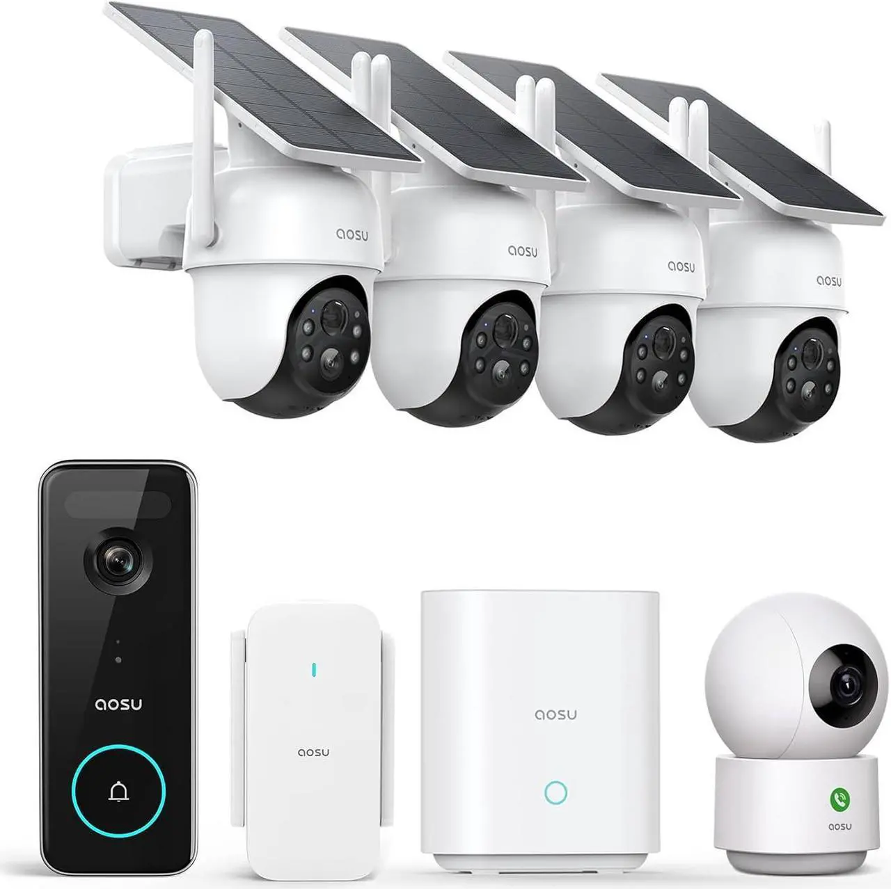 Main image of AOSU Home Security System DIY Kit, SolarCam D1 Classic 4 Kit + 5MP Doorbell Camera Wireless + 2K Indoor Camera.