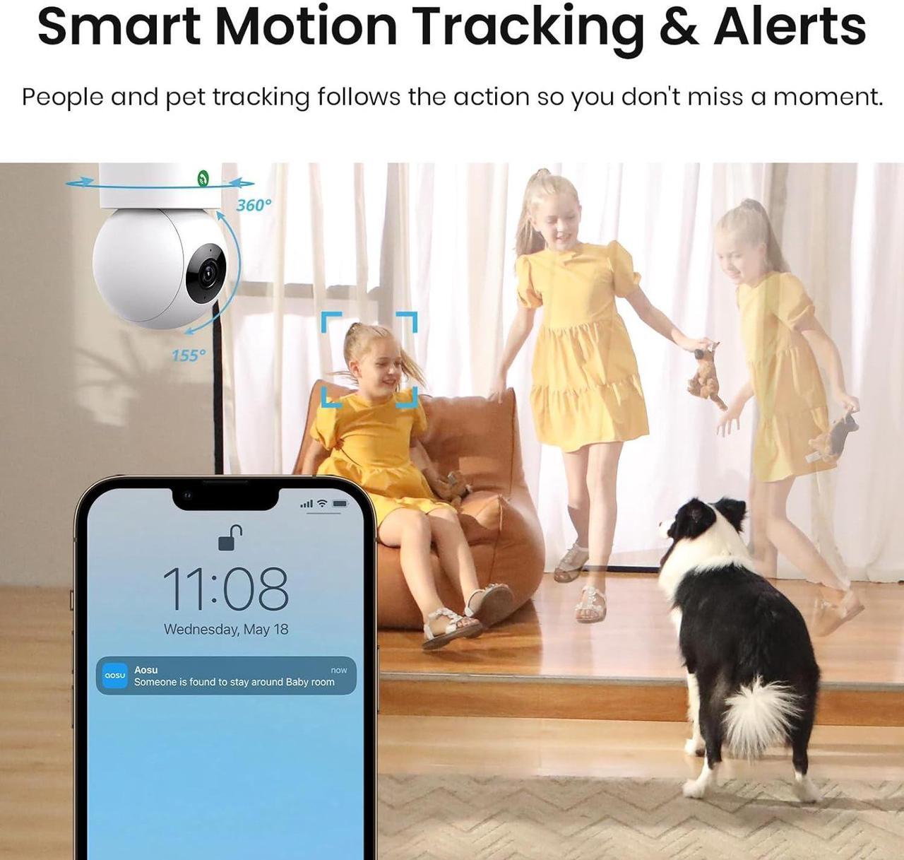 Alt view image 4 of 7 - AOSU 4MP Security Camera Indoor - 2.5K Baby Monitor Pet Camera 360° for Home Security, WiFi Camera with 5/2.4 GHz Wi-Fi Router, One-Touch Call, Smart Motion Tracking (2 Pack)