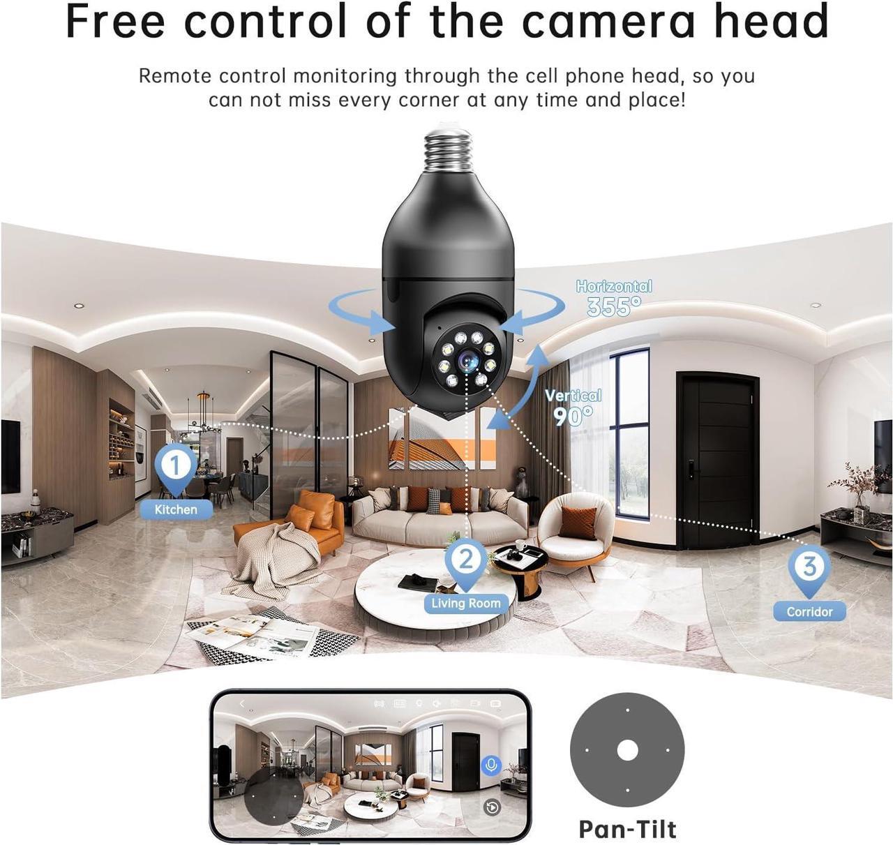 Alt view image 3 of 7 - Light Bulb Security Cameras Wireless Outdoor - 5G&2.4G WiFi Bulb Cameras for Home Security Outside Indoor, Full-Color Night Vision, Siren Alarm, 24/7 Recording Bulb Camera Work with Alexa (Black)