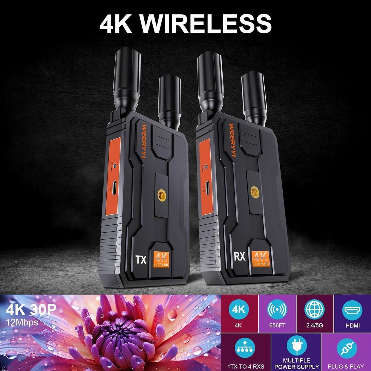 Alt view image 2 of 6 - (1TX+1RX) Weeryyi 4K Wireless HDMl Transmitter and Receiver,Wireless HDMI Extender,656FT Ultra Long Distance Plug and Play, 2.4G&5G, for PC/Camera/HDTV/Projector/TV Box,etc (No App)
