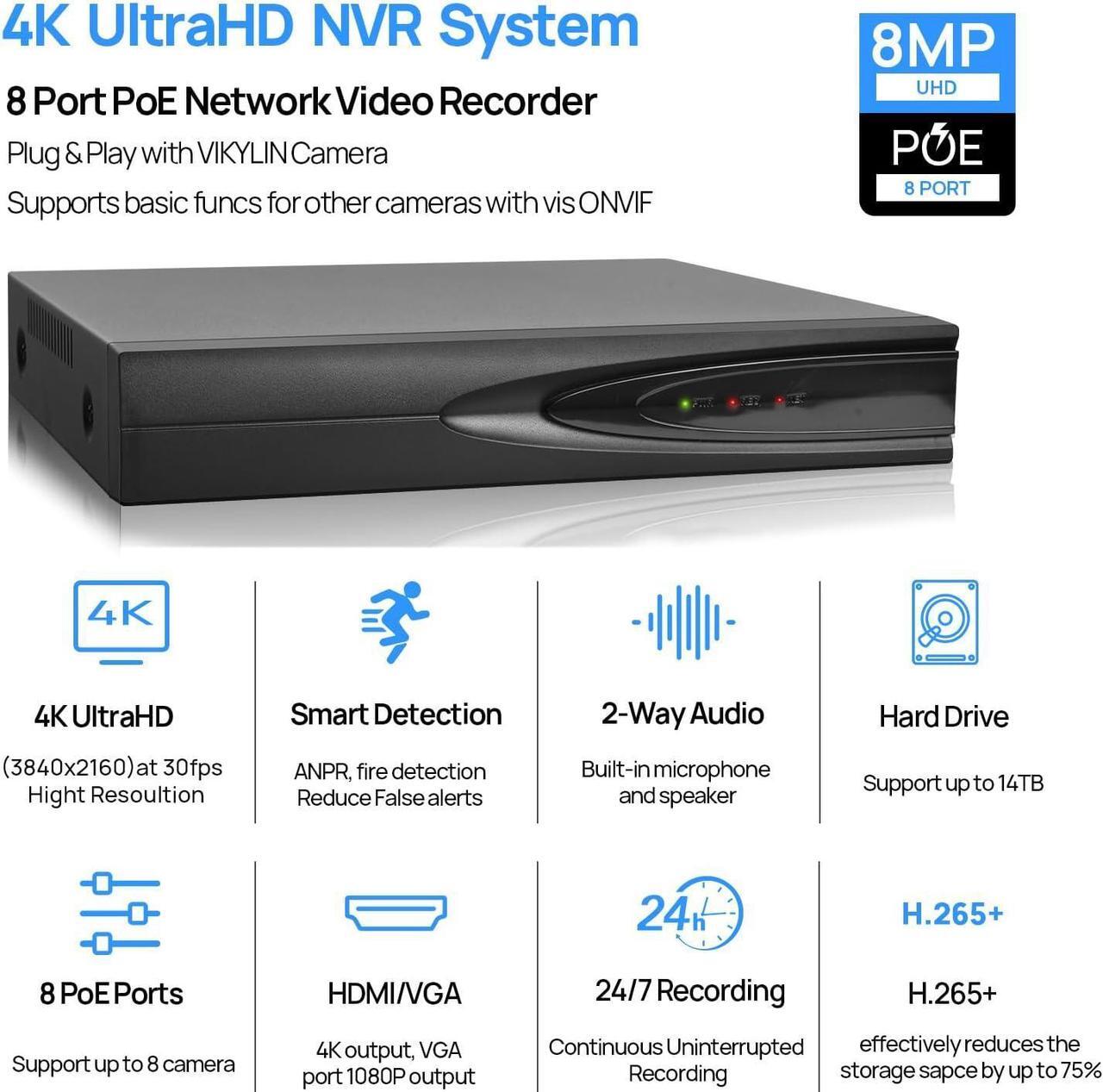 Alt view image 2 of 7 - VIKYLIN 8CH 4K PoE Network Video Recorder NVR, Support 12MP/8MP/6MP/5MP/ 4MP/3MP/1080P PoE Camera, Remote Access, Motion Alarm, 24/7 Recording, Smart Playback,1 SATA Ports Up to 14TB HDD(Not Included)