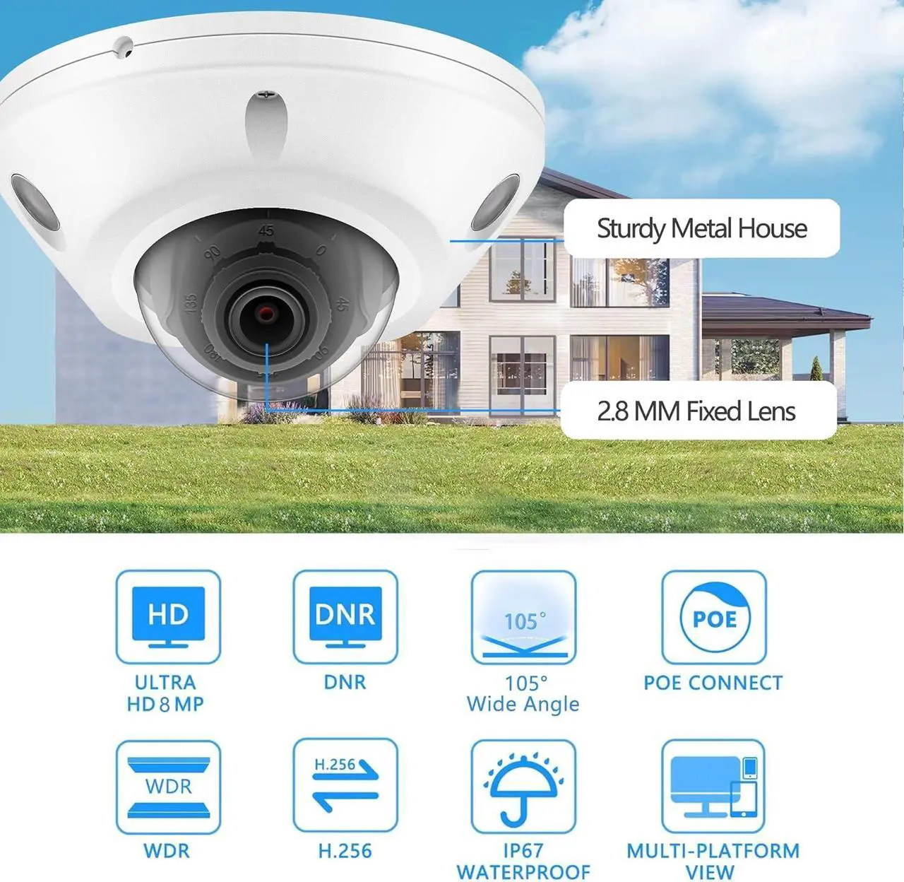 Alt view image 3 of 7 - 4K 8MP Mini Dome PoE IP Camera Outdoor 2.8mm Lens 105° Wide Angle, 98Ft Night Vision, Waterproof IP67, H.265, ONLY Compatible with Hik Vision Uniview NVR, Low Profile IP Camera