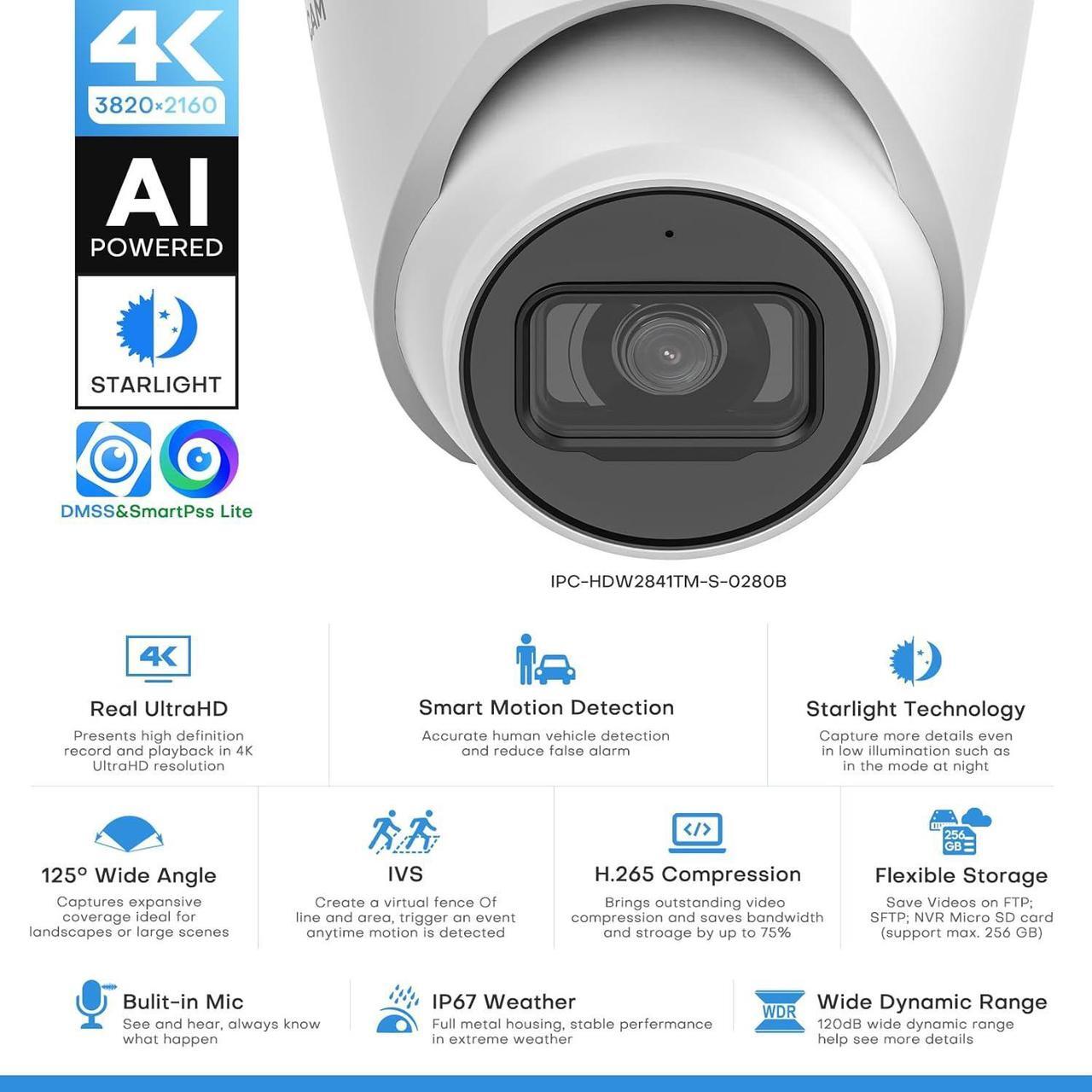 Alt view image 2 of 7 - 8MP IP Camera, DMSS/SmartPSS Lite, 4K PoE Turret Outdoor Starlight Camera with Mic, Human/Vehicle Detection, IVS, Intrusion Tripwire Alarm, 2.8mm 125°Wide Angle, Metal IP67, H265+, 256GB
