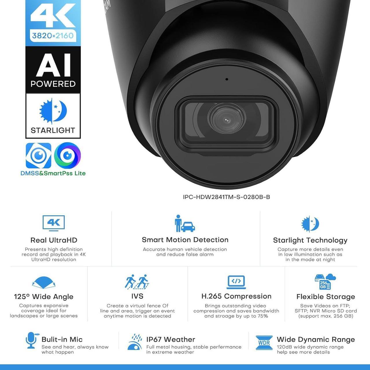 Alt view image 2 of 7 - 8MP IP Camera, DMSS/SmartPSS Lite, 4K PoE Turret Outdoor Starlight Camera with Mic, Human/Vehicle Detection, IVS, Intrusion Tripwire Alarm, 2.8mm 125°Wide Angle, Metal IP67, H265+, 256GB