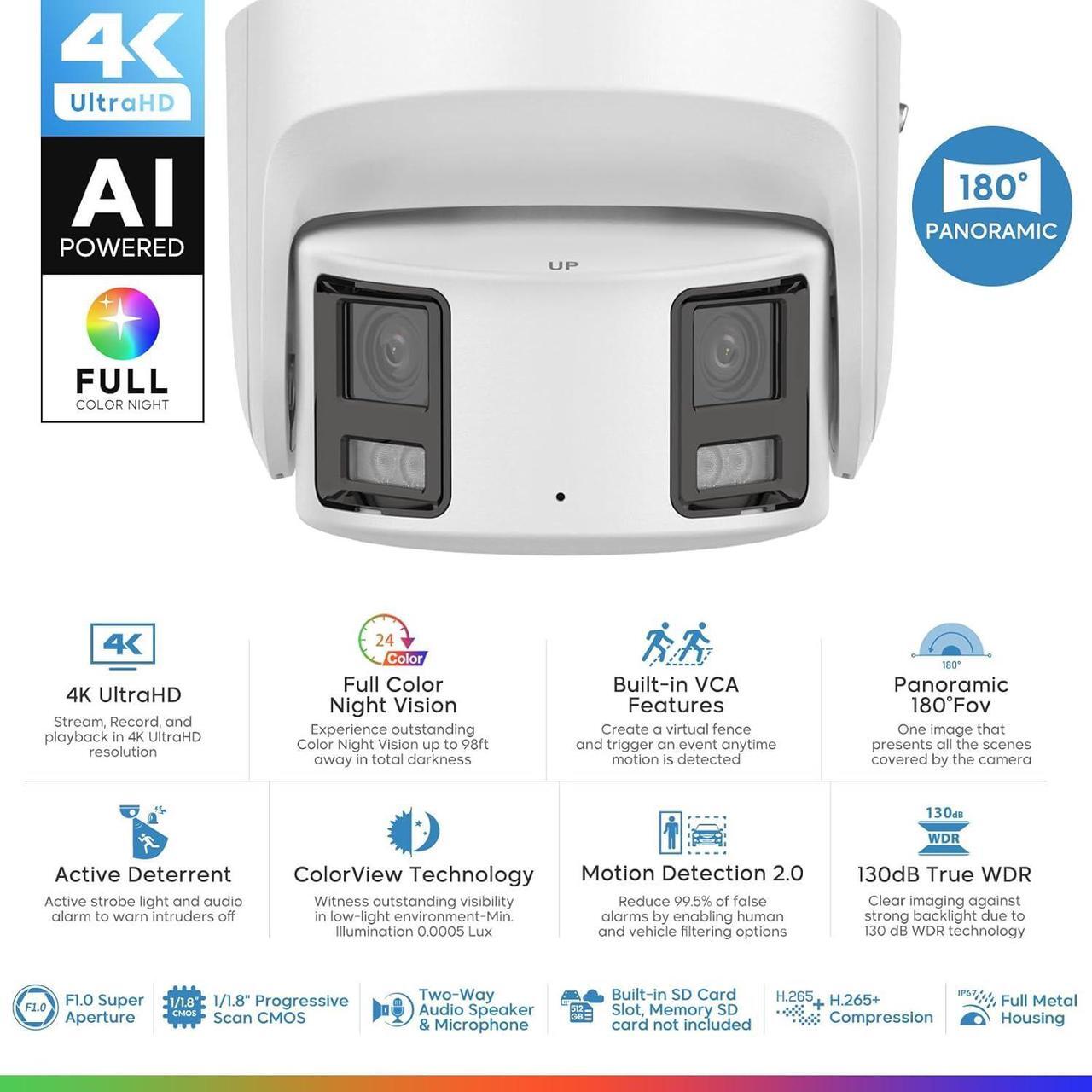 Alt view image 2 of 7 - 4K 8MP Panoramic Color VU PoE IP Turret Camera Outdoor, Strobe Light & Audible Warn, Full Color Night Vision, Smart VCA, Human/Vehicle Detection, Dual 1/1.8" Sensor, 2-Way Audio, Hik-Connect/iVMS-4200