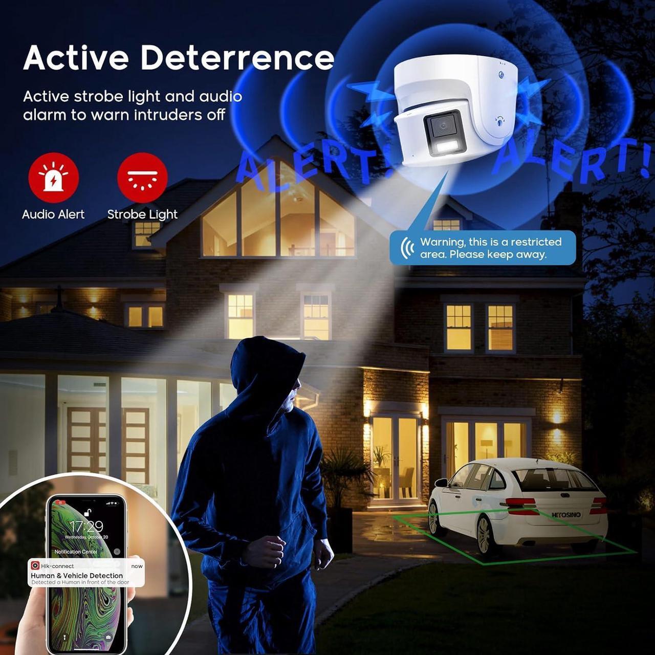 Alt view image 4 of 7 - 4K 8MP Panoramic Color VU PoE IP Turret Camera Outdoor, Strobe Light & Audible Warn, Full Color Night Vision, Smart VCA, Human/Vehicle Detection, Dual 1/1.8" Sensor, 2-Way Audio, Hik-Connect/iVMS-4200