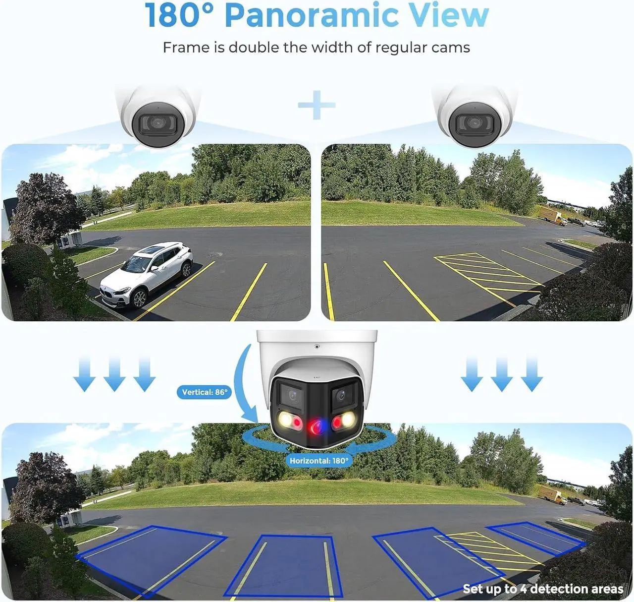 Alt view image 3 of 7 - Dual-Lens 4K (8MP) TiOC Outdoor POE Camera - 2 x 4MP Duo 180° Panoramic Wide Angle AI Turret IP Camera, Dual Color Night, DMSS, Active Detterence, 2-Way Audio, Human/Vehicle Detection, EPTZ