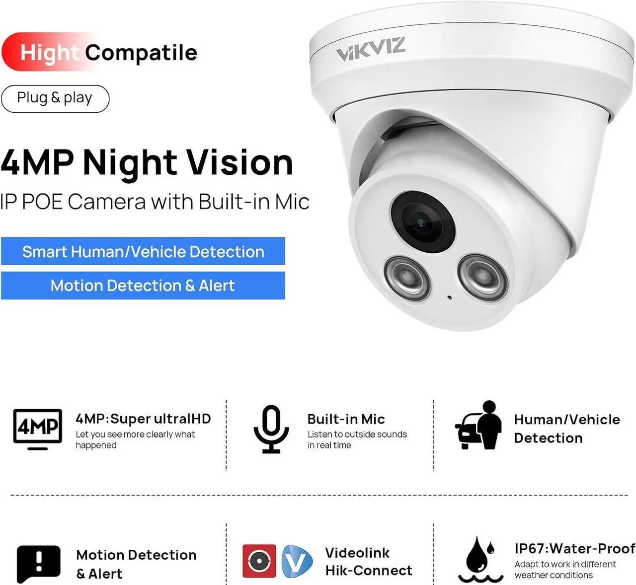 Alt view image 2 of 7 - 4MP PoE IP Camera Outdoor,4MP Security Network Camera with Microphone,2.8mm Lens,Smart Human and Vehicle Detection,98ft IR Night Vision,H.265+,IP67,Compatible with Hik-Vision